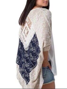 Swell Open Front Lace Back Cardigan in Pink & Cream Size Medium